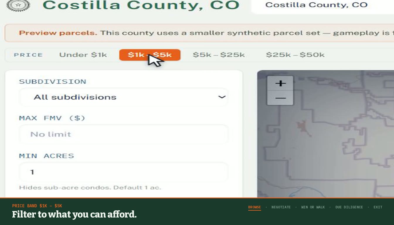 County browse map with real parcel boundaries and flood-zone filters